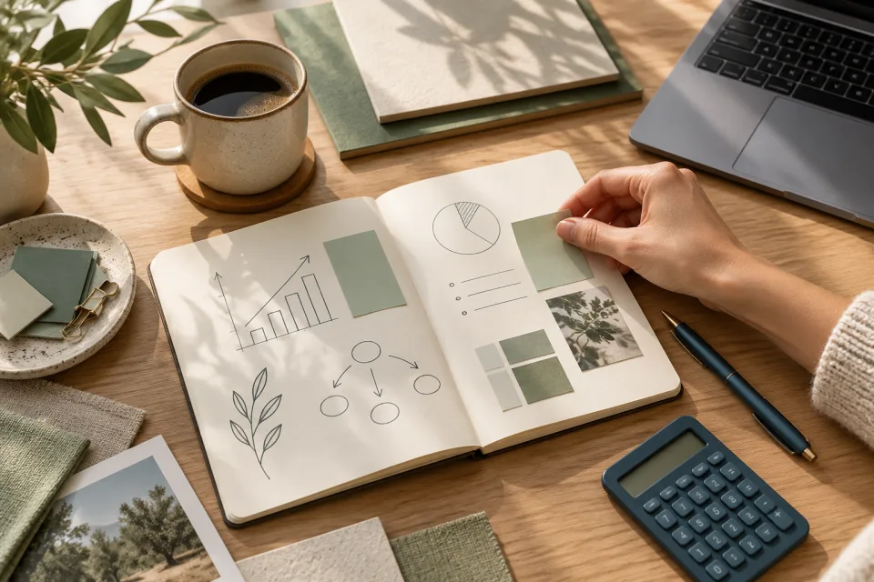 Carnet, calculatrice et notes pour donner forme à un projet d’entreprise.